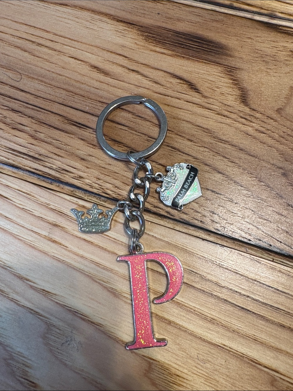 Pink Glitter 'P' Initial Keyring with Crown & Heart Charms
